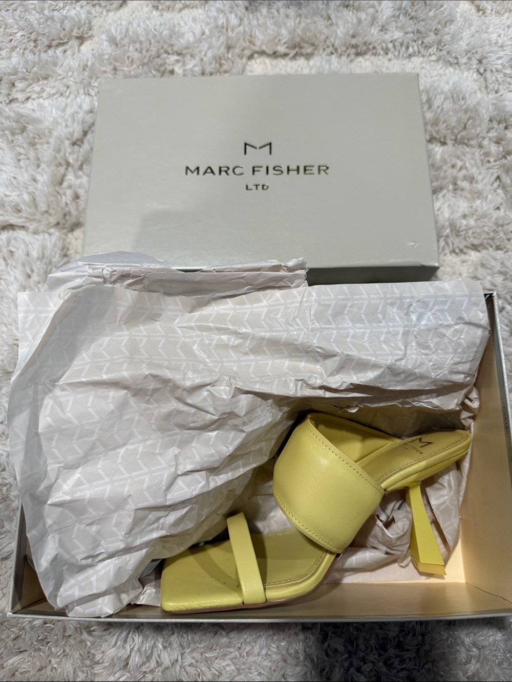 Marc Fisher Lemon Yellow Leather Strappy Mule Heels